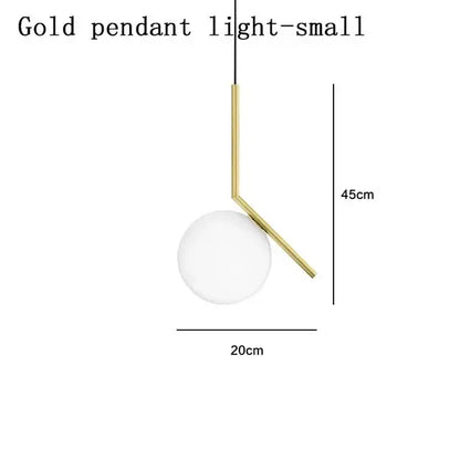 A modern gold chandelier light with a sleek curved stem and white glass ball led shade for living room decorbites