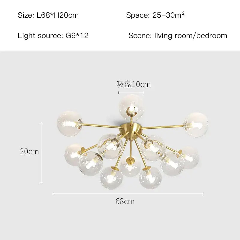Modern gold glass ball led chandelier with multiple clear glass globe bulbs in a starburst pattern for led ceiling use