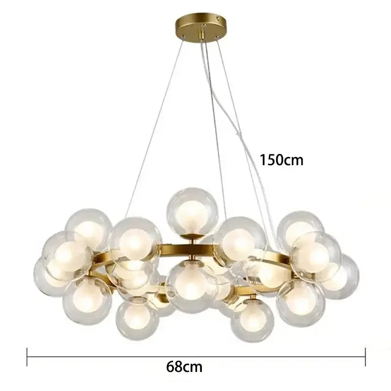 Modern gold glass ball led chandelier featuring clear glass spheres on a brass ring pendant light for living room decorbites