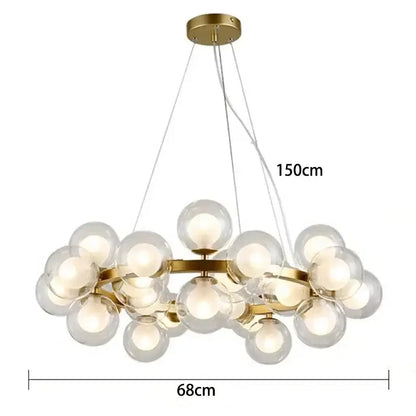 Modern gold glass ball led chandelier featuring clear glass spheres on a brass ring pendant light for living room decorbites