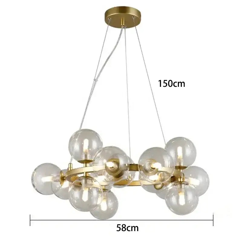 A modern gold glass ball led chandelier with multiple clear globe bulbs perfect for pendant lights decorbites decor