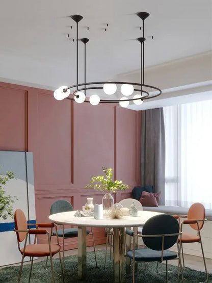 Modern black metal chandelier with multiple white glass ball led bulbs for decorbites glass ball pendant light