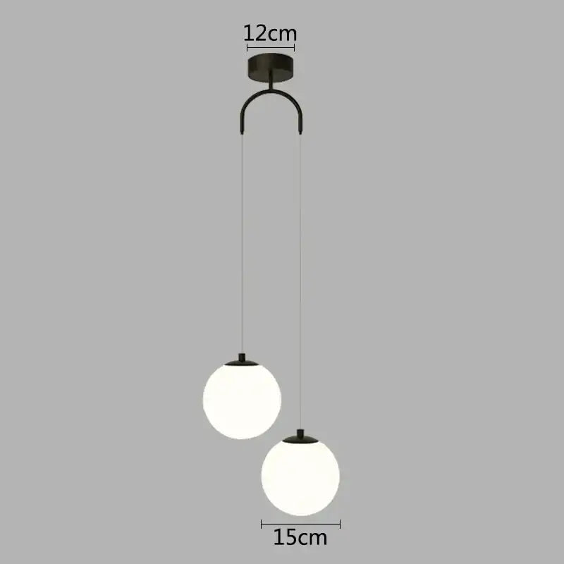 Modern black metal pendant chandelier with two frosted glass globe shades suitable for bedroom decorbites glass ball led lighting