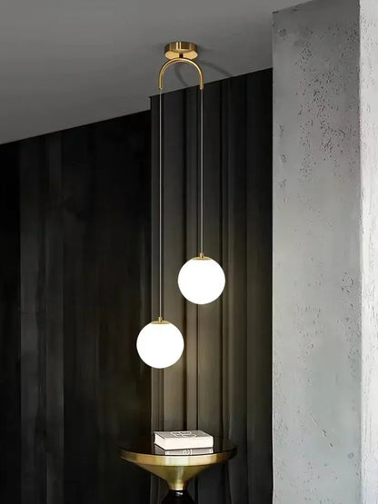 Modern gold glass ball led pendant chandelier with two white spherical glass globes for bedroom decorbites pendant chandelier