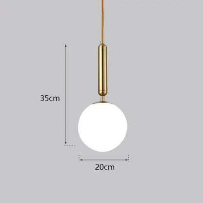Modern gold glass ball led pendant light with sleek gold cylindrical stem and opaque white spherical glass shade