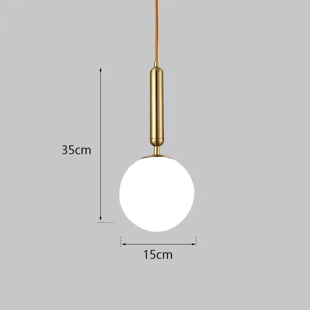 Modern gold glass ball led pendant light with polished gold stem and frosted white glass shade for bedroom decorbites