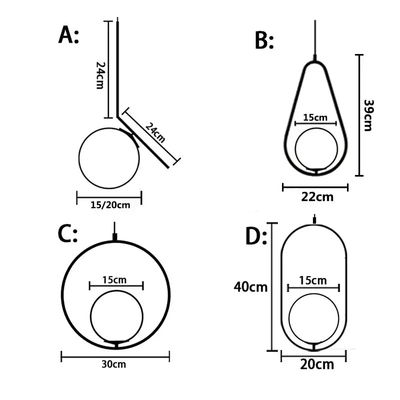 Four distinct modern gold glass ball led pendant light designs labeled a to d featuring circular, teardrop, and oval shapes for dining room decorbites glass ball set