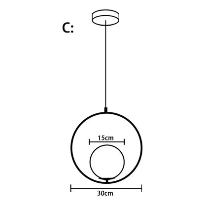 Modern gold glass ball led pendant light with minimalist black circular frame 30cm outer and 15cm inner diameter decorbites glass ball