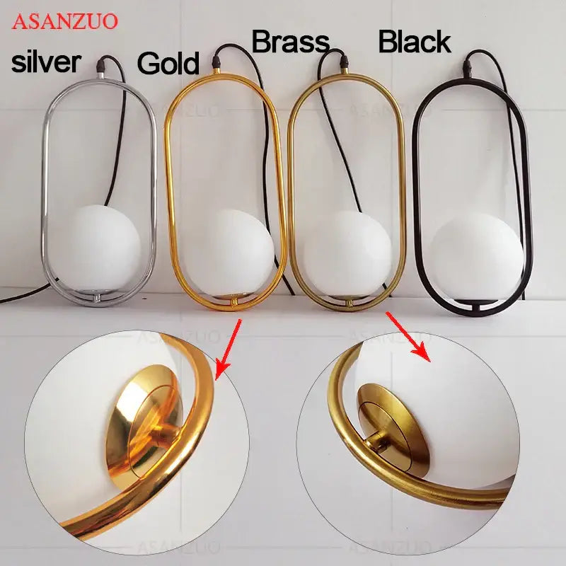 Modern oval-frame table lamp with sleek metallic frame and white glass ball led shade for decorbites pendant light set