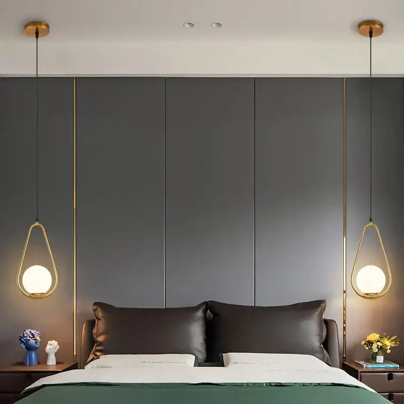 Modern gold glass ball led pendant light with gold-toned teardrop frames and frosted glass globes for bedroom decorbites pendant light