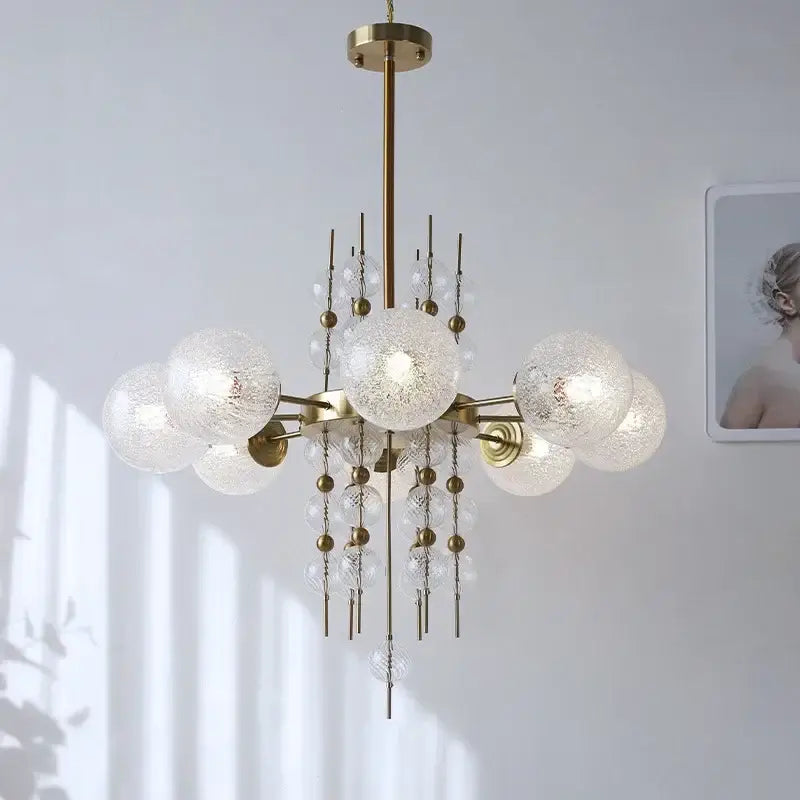 Modern gold glass ball led pendant light with brass chandelier, frosted glass spheres, and crystal beads for kitchen island decorbites glass ball