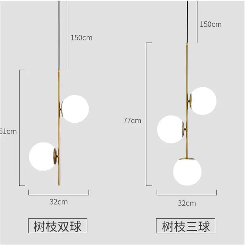 Modern gold glass ball led pendant light with brass finish and three spherical glass globes for living room decorbites