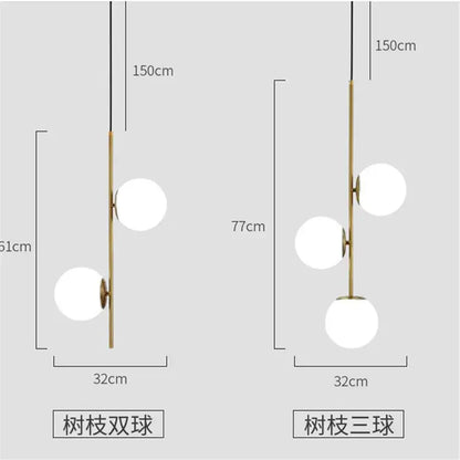 Modern gold glass ball led pendant light with brass finish and three spherical glass globes for living room decorbites