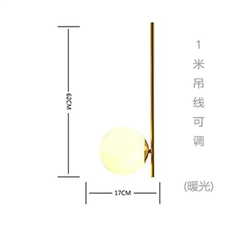 Modern gold glass ball led pendant light with spherical frosted glass shade and adjustable 1-meter hanging cord