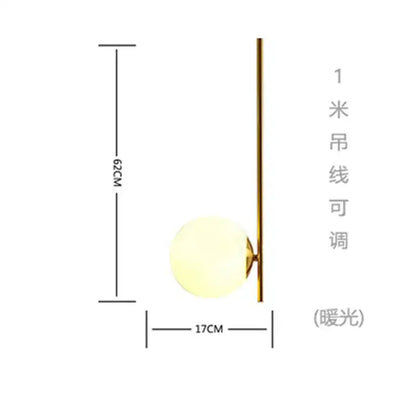 Modern gold glass ball led pendant light with spherical frosted glass shade and adjustable 1-meter hanging cord