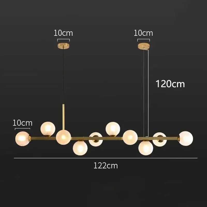 Modern brass-toned pendant lights with sleek horizontal bar and frosted glass ball led bulbs for dining decorbites chandelier