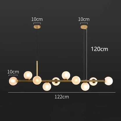 Modern brass-toned pendant lights with sleek horizontal bar and frosted glass ball led bulbs for dining decorbites chandelier