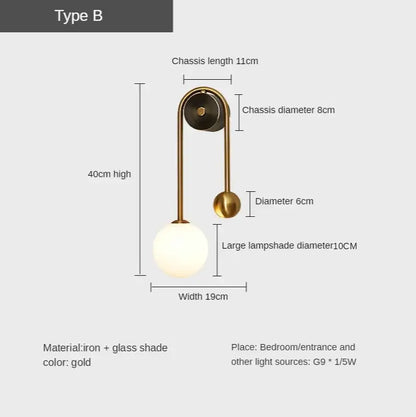 Modern gold glass ball led wall lamp featuring a sleek iron chassis and large frosted glass lampshade for bedroom decorbites wall lamp