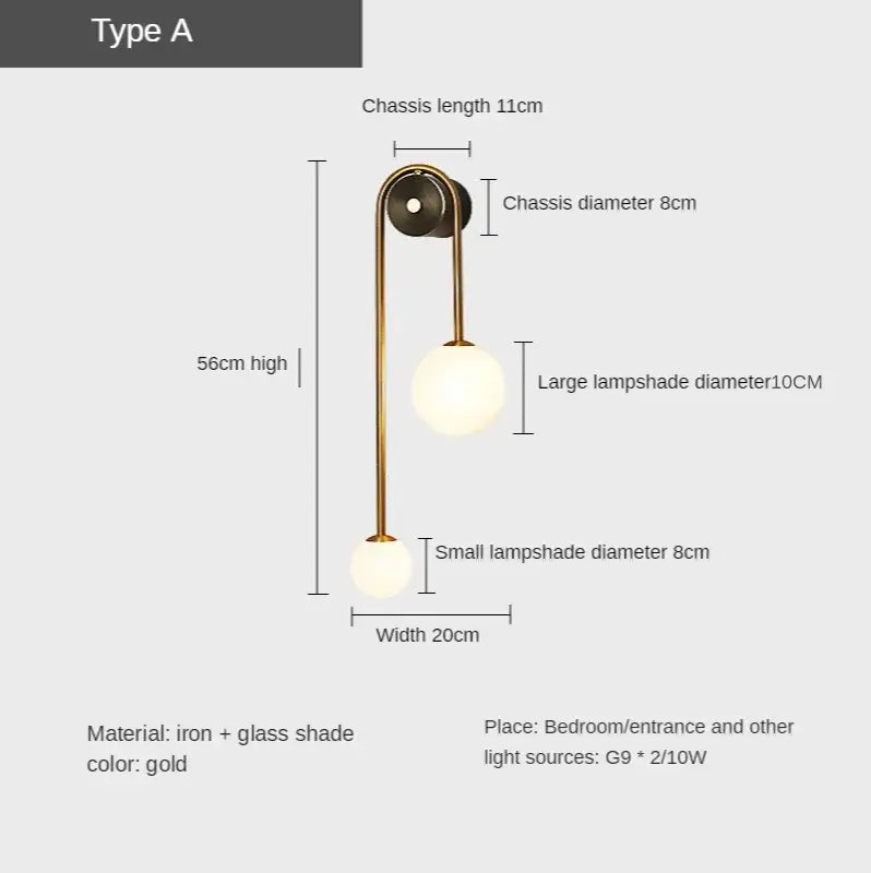 Modern gold glass ball led wall lamp with curved iron chassis and two spherical glass shades for bedroom and study decorbites wall lamp