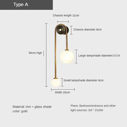 Modern gold glass ball led wall lamp with curved iron chassis and two spherical glass shades for bedroom and study decorbites wall lamp