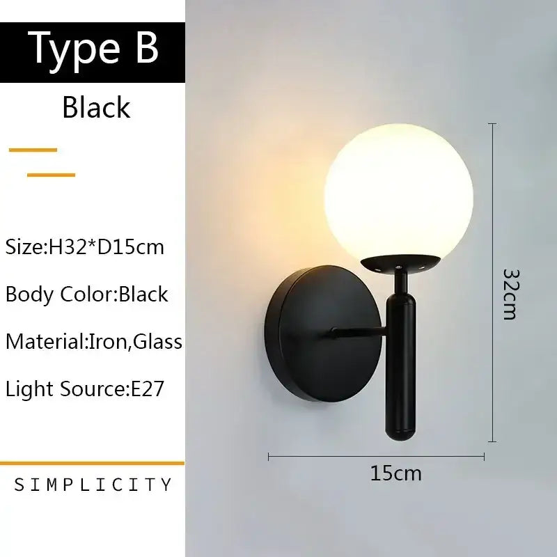 Black iron and glass wall lamp with a spherical frosted glass globe modern gold decorbites glass ball led bedroom lamp