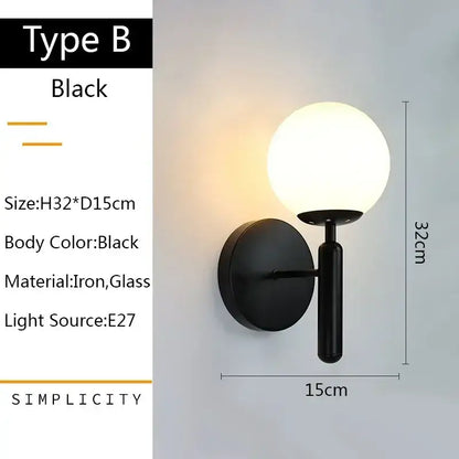 Black iron and glass wall lamp with a spherical frosted glass globe modern gold decorbites glass ball led bedroom lamp