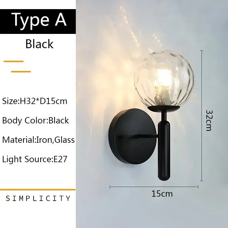 Modern black iron and glass wall lamp with faceted spherical glass globe for bedroom decorbites glass ball led lighting