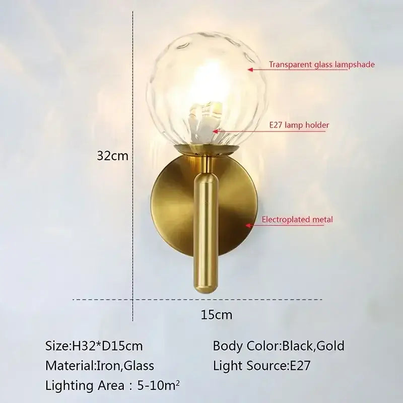 Modern gold glass ball led wall lamp with electroplated metal and transparent glass ball led shade for bedroom decorbites wall lamp