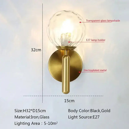 Modern gold glass ball led wall lamp with electroplated metal and transparent glass ball led shade for bedroom decorbites wall lamp