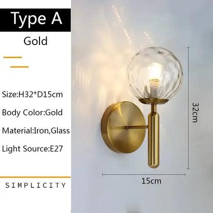 Modern gold glass ball led wall lamp with textured glass globe and iron base for bedroom decorbites wall lamp design