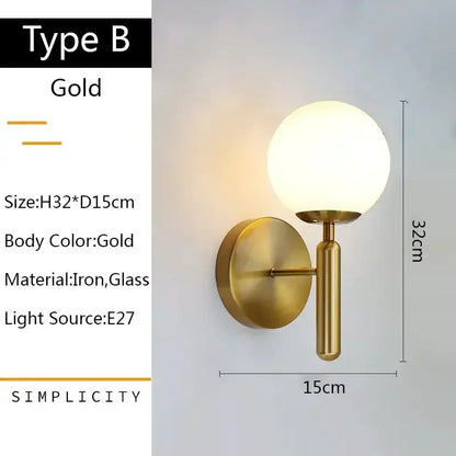 Modern gold glass ball led wall lamp featuring a gold finish iron base and spherical glass globe for bedroom decorbites wall lamp