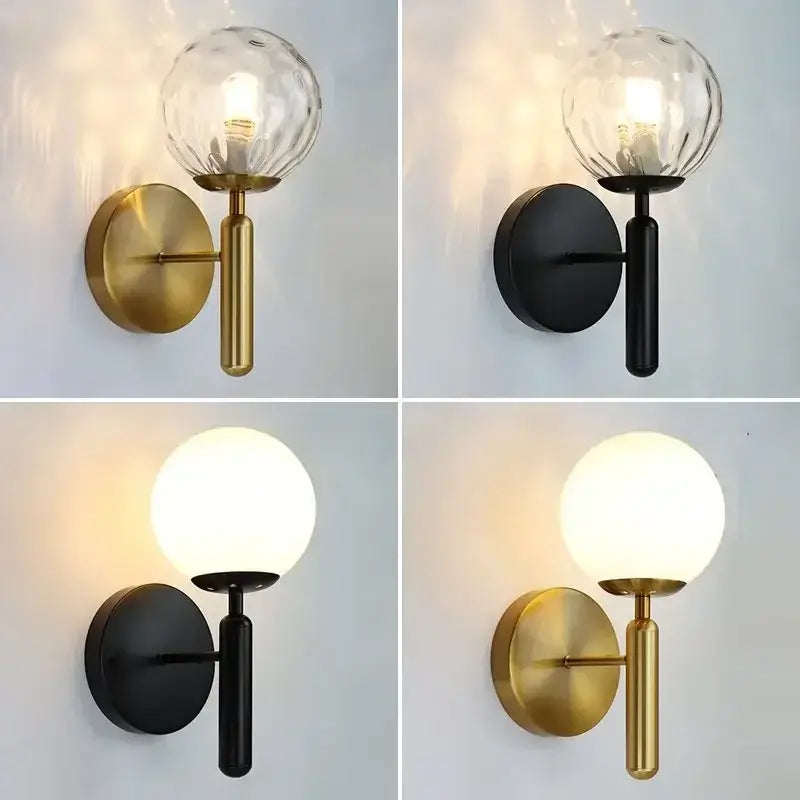 Modern gold glass ball led wall lamp with brass and black finishes featuring a spherical decorbites glass ball design