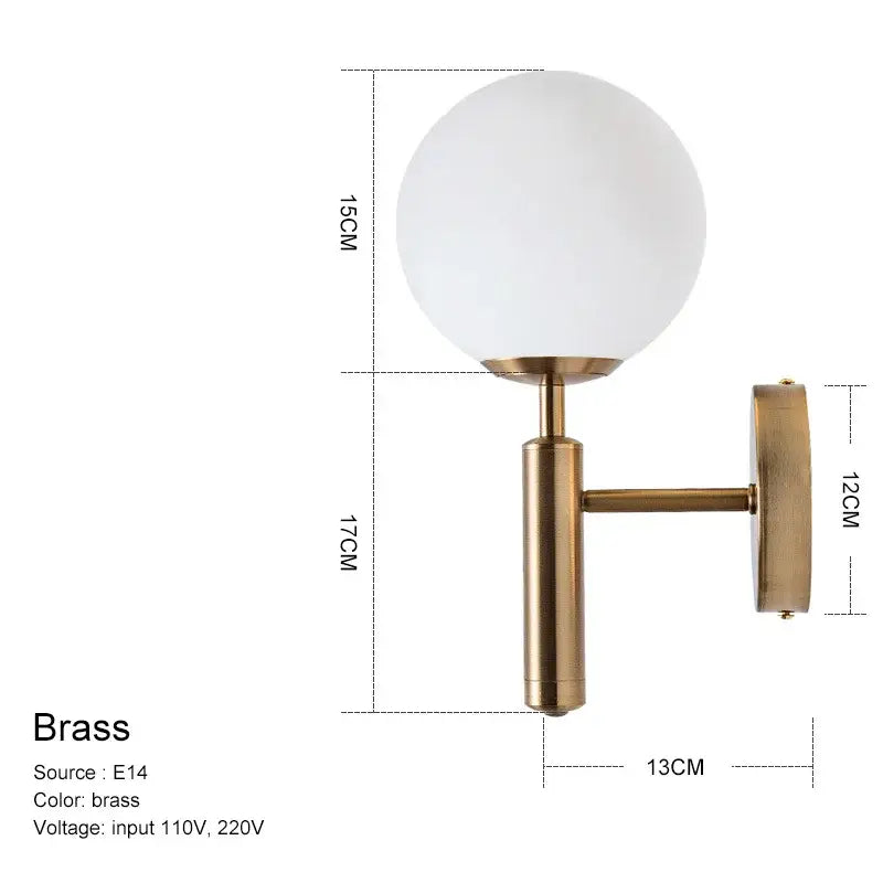 Brass wall sconce with frosted white spherical glass shade modern gold decorbites glass ball wall lights for bedroom