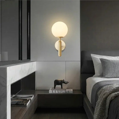 Modern gold-toned wall light with a frosted glass ball and minimalist cylindrical base for bedroom decorbites glass ball mirror