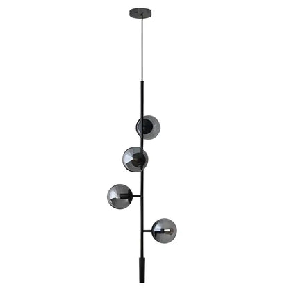 Modern black metal ball pendant chandelier with five smoked glass spheres in a vertical cascade for dining room decorbites glass ball lighting