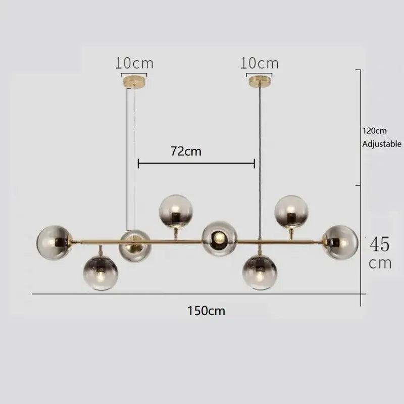 Modern brass-toned linear ball pendant chandelier with seven glass balls for dining room decorbites glass ball lighting