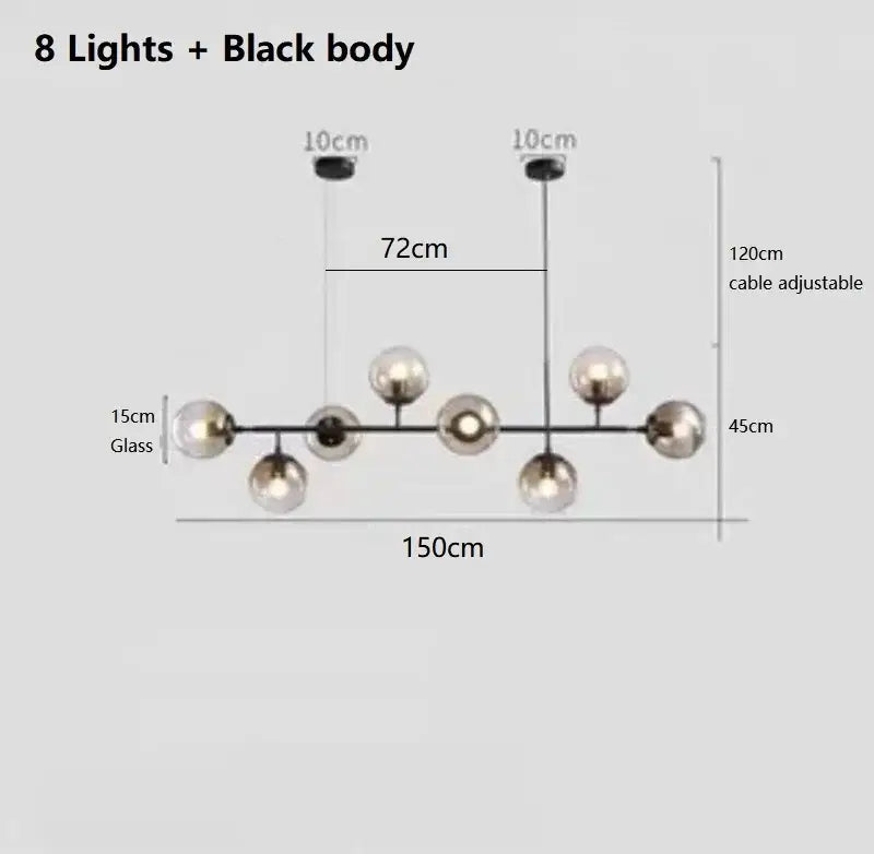Modern black metal ball pendant chandelier with eight spherical glass globe lights for elegant dining room decorbites glass ball