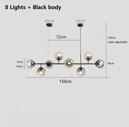 Modern black metal ball pendant chandelier with eight spherical glass globe lights for elegant dining room decorbites glass ball
