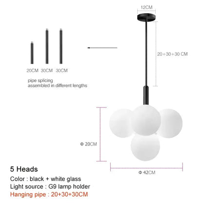 Modern gold glass ball pendant chandelier with five black and white glass ball pendant heads for dining room decorbites glass ball