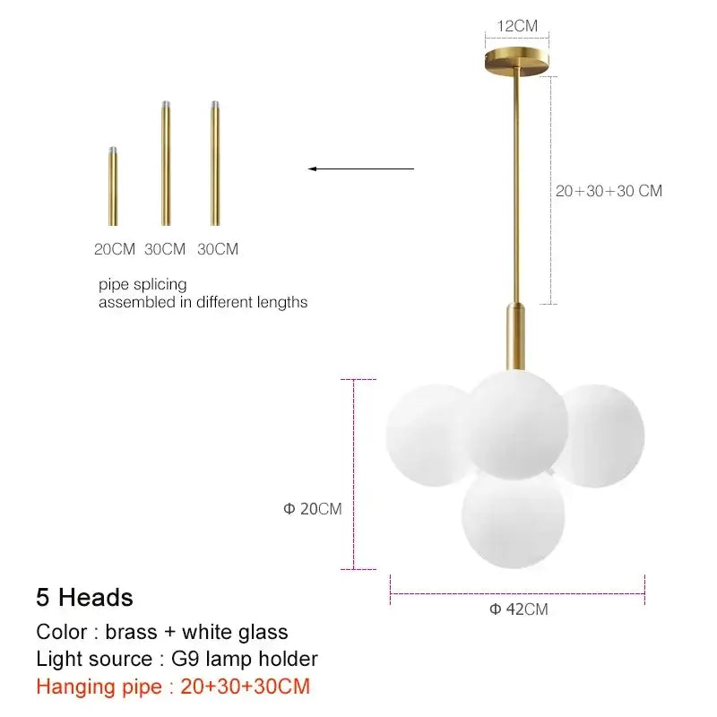 Modern brass-finished glass ball pendant chandelier with five frosted white spheres for dining room decorbites glass ball