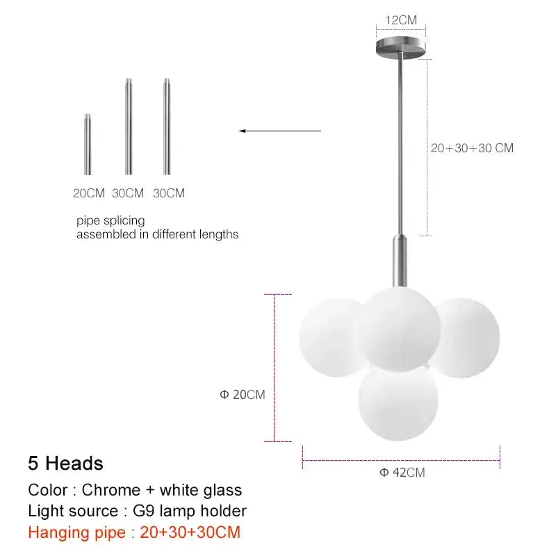 Modern chrome glass ball pendant chandelier with five frosted white glass spheres ideal for dining room decorbites lighting