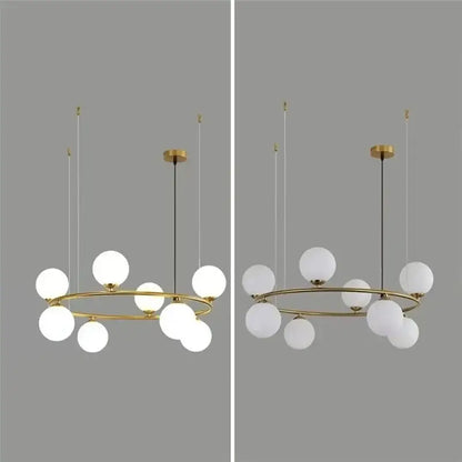 Modern gold glass ball pendant chandelier with circular frame and frosted globes for dining room decorbites glass ball