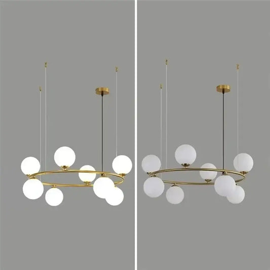 Modern gold glass ball pendant chandelier with circular frame and frosted globes for dining room decorbites glass ball