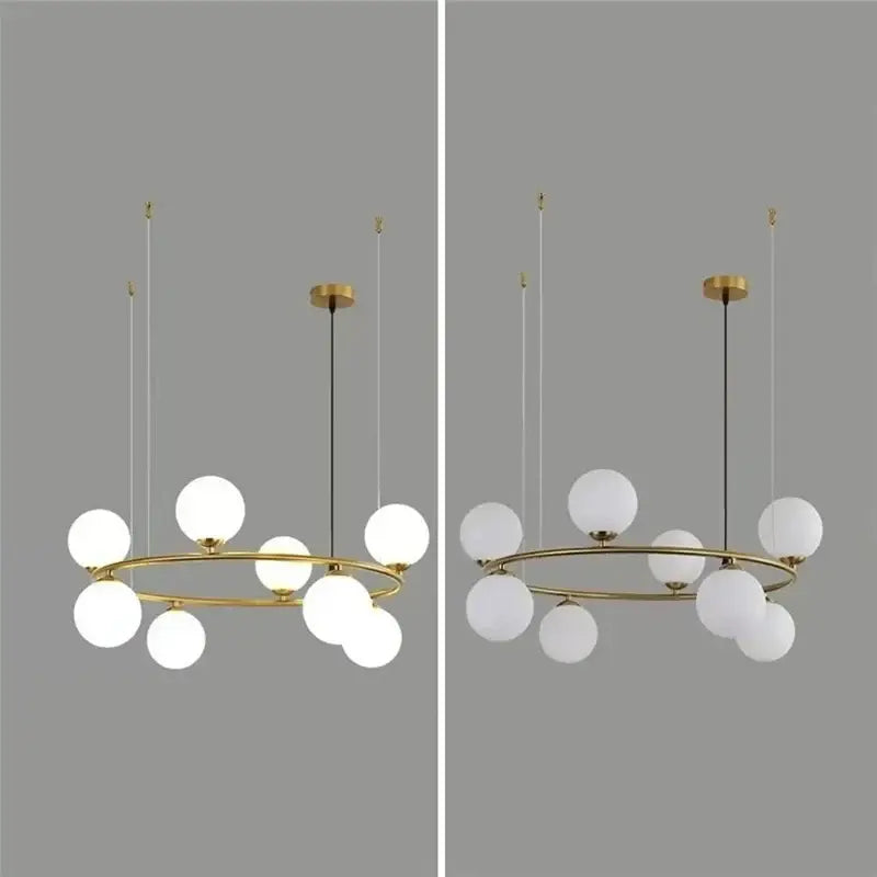 Modern gold glass ball pendant chandelier with circular frame and frosted globes for dining room decorbites glass ball
