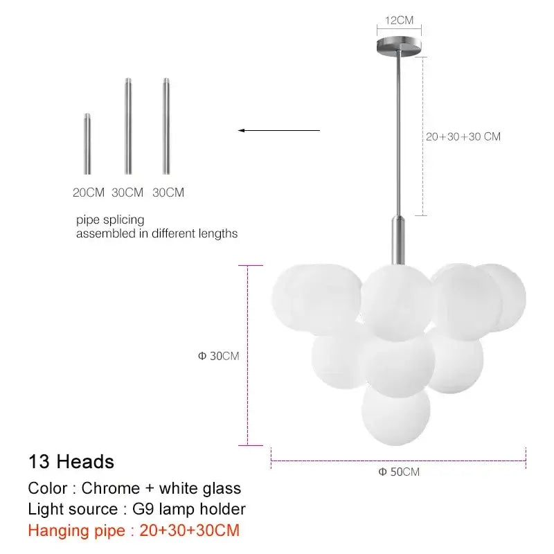 Modern gold glass ball pendant chandelier with white glass globe and chrome finish adjustable hanging pipe decorbites glass ball