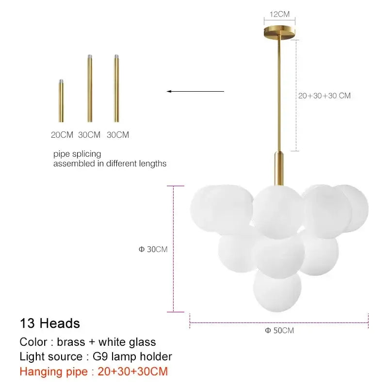 Modern gold glass ball pendant chandelier with 13 frosted white glass globe bulbs and brass finish pipe decorbites glass ball