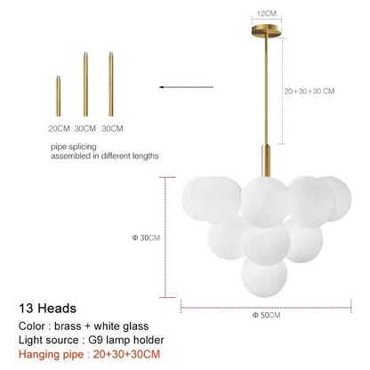 Modern gold glass ball pendant chandelier with 13 frosted white glass globe bulbs and brass finish pipe decorbites glass ball