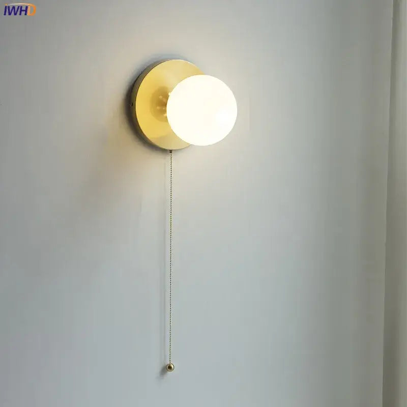 Modern gold glass ball wall light with frosted glass globe and pull chain switch for bedroom decorbites wall lights