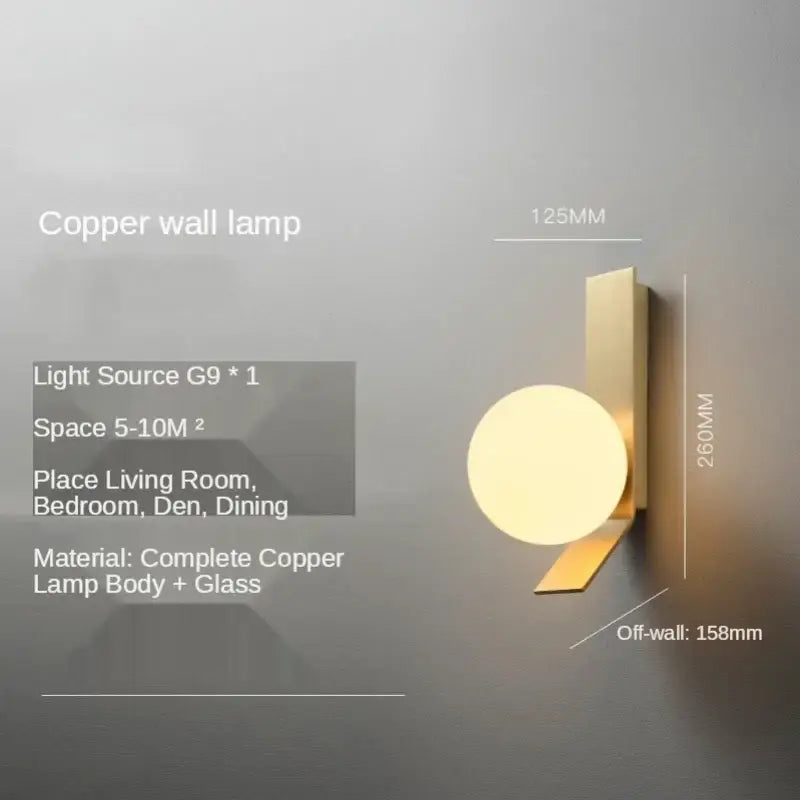 Modern gold glass ball wall sconce with a sleek copper frame and glass ball wall design for minimalist bedroom decorbites wall sconce