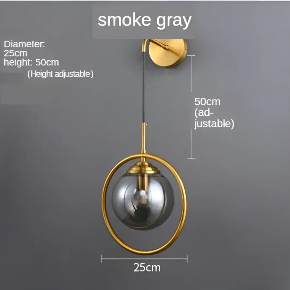 Smoke gray spherical glass pendant light fixture with gold metal ring wall sconce from decorbites glass ball collection